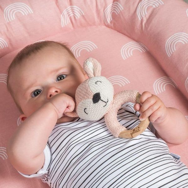 Hochet anneau de dentition Biche en tricot Rose pâle - Jollein