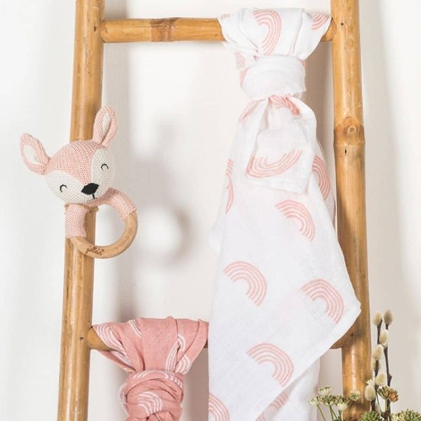 Hochet anneau de dentition Biche en tricot Rose pâle - Jollein