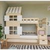 lit superposé enfant cabane avec toit et escalier de rangement – 90x200 cm
