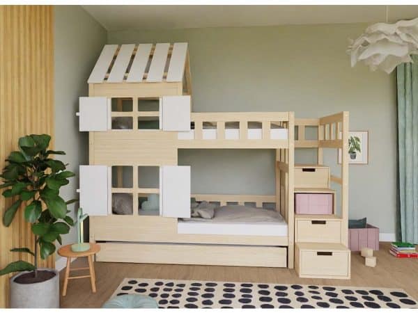 lit superposé enfant cabane avec toit et escalier de rangement – 90x200 cm