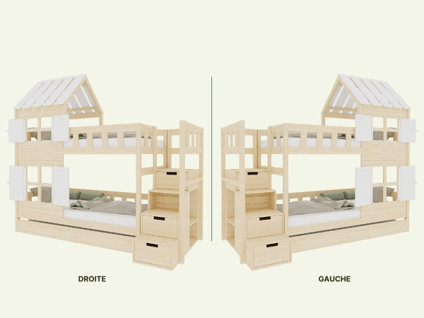 lit superposé enfant cabane avec toit et escalier de rangement – 90x200 cm