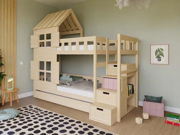 lit superposé enfant cabane avec toit et escalier de rangement – 90x200 cm