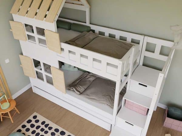 lit superposé enfant cabane avec toit et escalier de rangement – 90x200 cm
