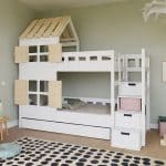 lit superposé enfant cabane avec toit et escalier de rangement – 90x200 cm