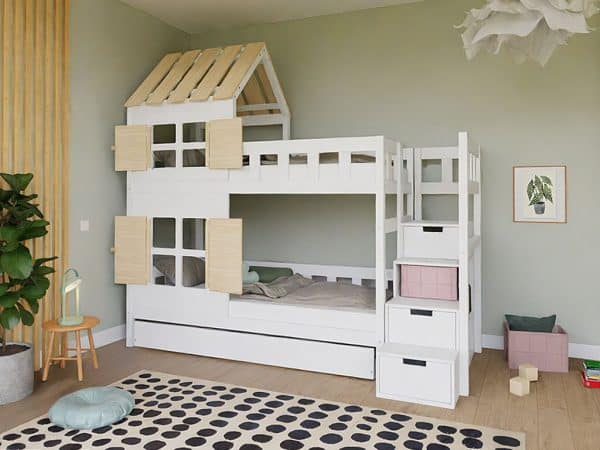 lit superposé enfant cabane avec toit et escalier de rangement – 90x200 cm