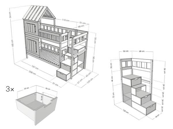 lit superposé enfant cabane avec toit et escalier de rangement – 90x200 cm